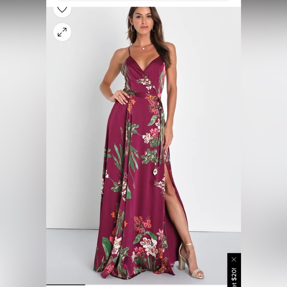 Lulus Still the One Burgundy Floral Print Satin Maxi Dress